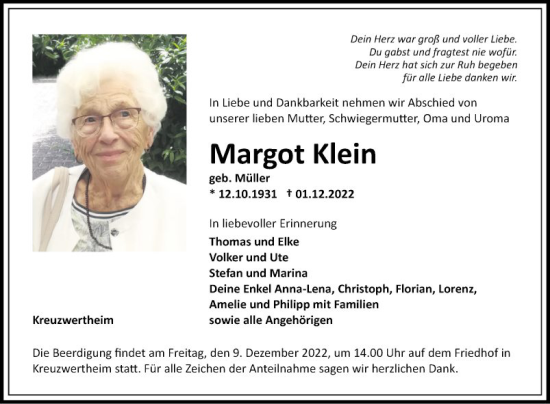 Traueranzeige von Margot Klein von Fränkische Nachrichten