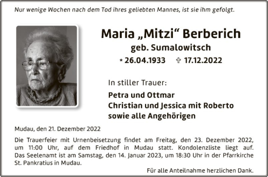 Traueranzeige von Maria Berberich von Fränkische Nachrichten