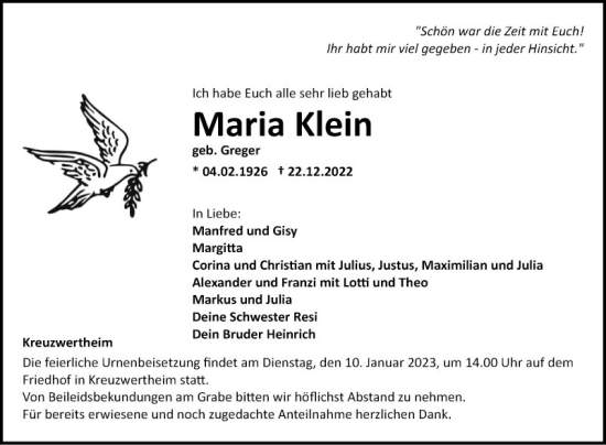 Traueranzeige von Maria Klein von Fränkische Nachrichten