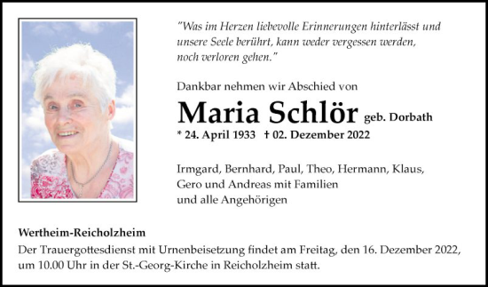 Traueranzeige von Maria Schlör von Fränkische Nachrichten