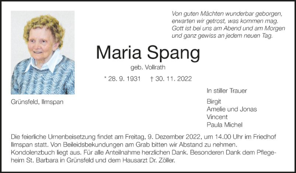  Traueranzeige für Maria Spang vom 07.12.2022 aus Fränkische Nachrichten