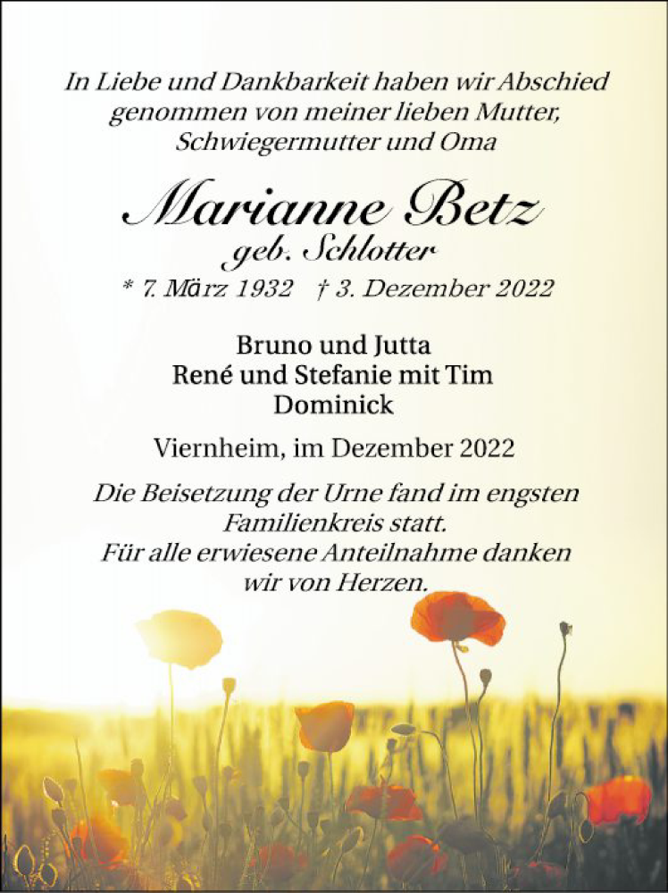  Traueranzeige für Marianne Betz vom 31.12.2022 aus Mannheimer Morgen