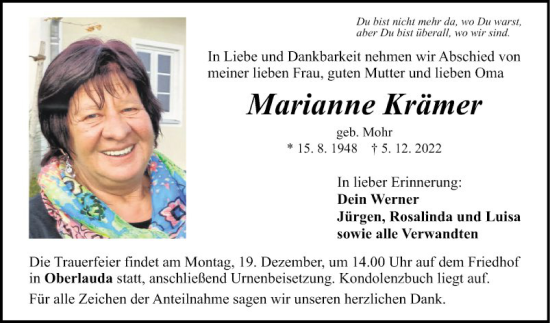 Traueranzeige von Marianne Krämer von Fränkische Nachrichten