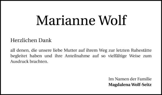 Traueranzeige von Marianne Wolf von Mannheimer Morgen
