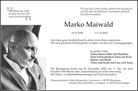 Traueranzeige von Marko Maiwald von Schwetzinger Zeitung