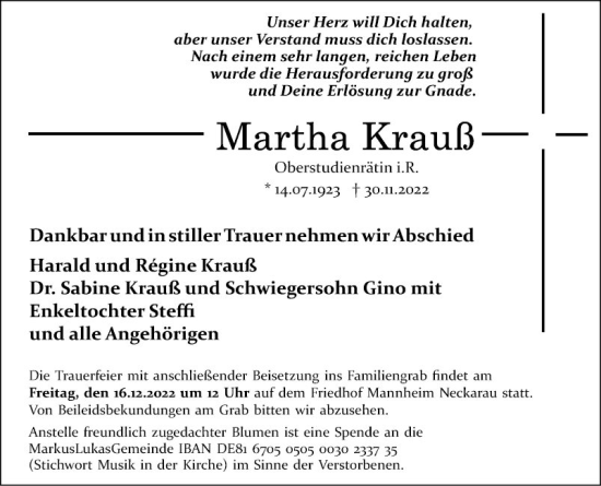 Traueranzeige von Martha Krauß von Mannheimer Morgen