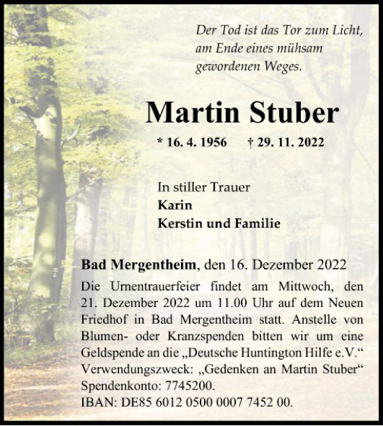 Traueranzeige von Martin Stuber von Fränkische Nachrichten