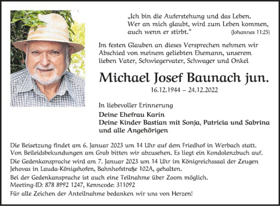 Traueranzeige von Michael Josef Baunach von Fränkische Nachrichten