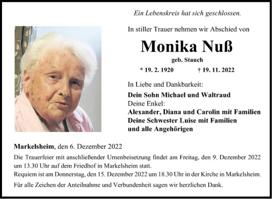 Traueranzeige von Monika Nuß von Fränkische Nachrichten