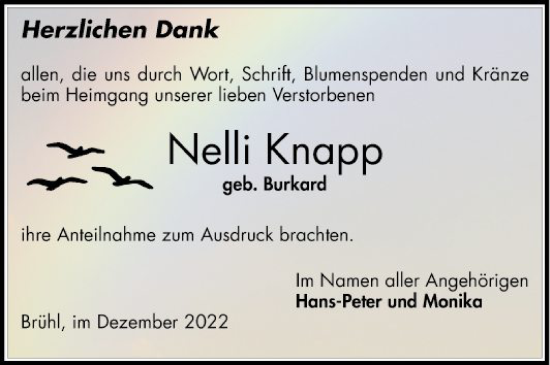 Traueranzeige von Nelli Knapp von Schwetzinger Zeitung