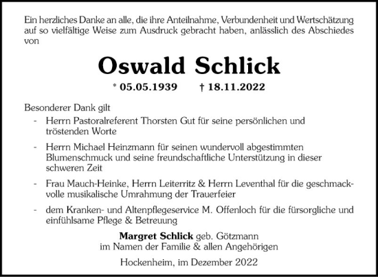 Traueranzeige von Oswald Schlick von Schwetzinger Zeitung