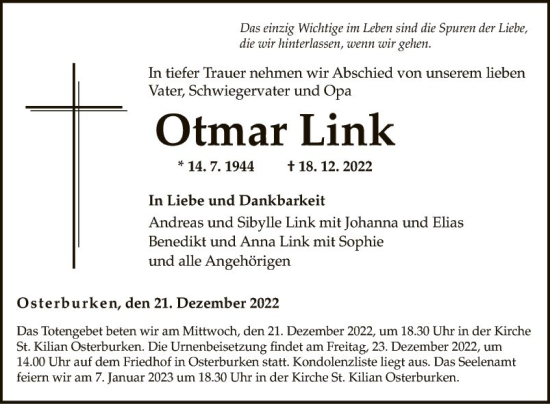 Traueranzeige von Otmar Link von Fränkische Nachrichten