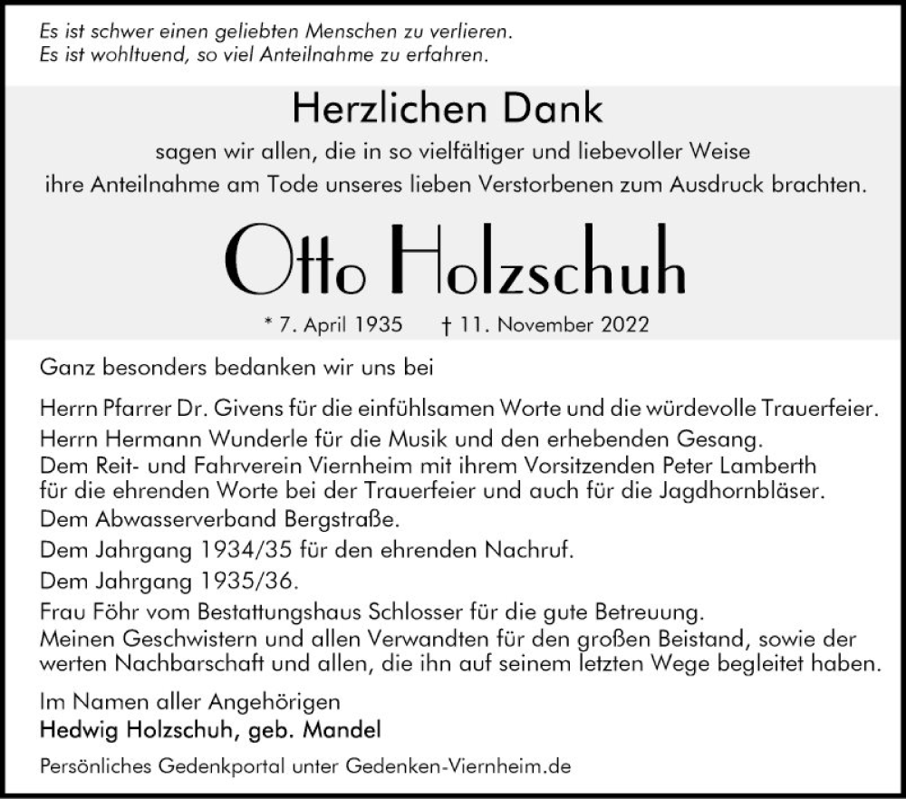  Traueranzeige für Otto Holzschuh vom 10.12.2022 aus Mannheimer Morgen