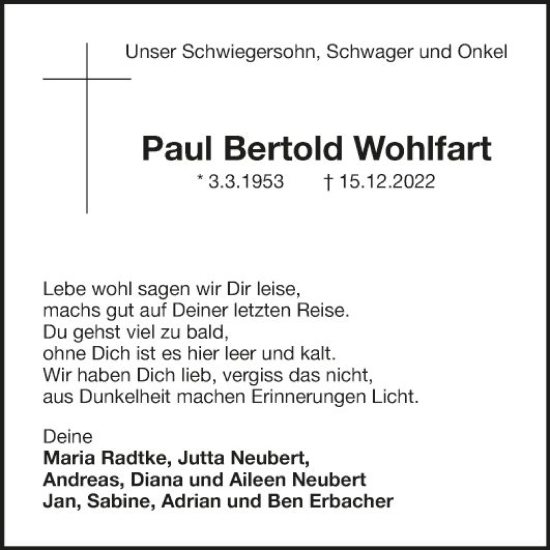 Traueranzeige von Paul Bertold Wohlfart von Fränkische Nachrichten