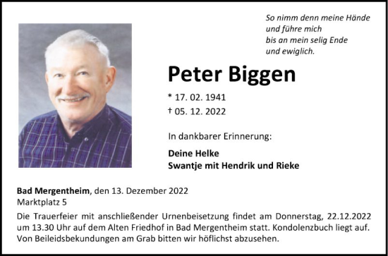 Traueranzeige von Peter Biggen von Fränkische Nachrichten