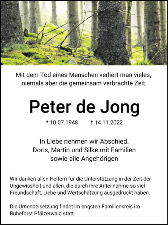 Traueranzeigen Von Peter De Jong Trauerportal Ihrer Tageszeitung