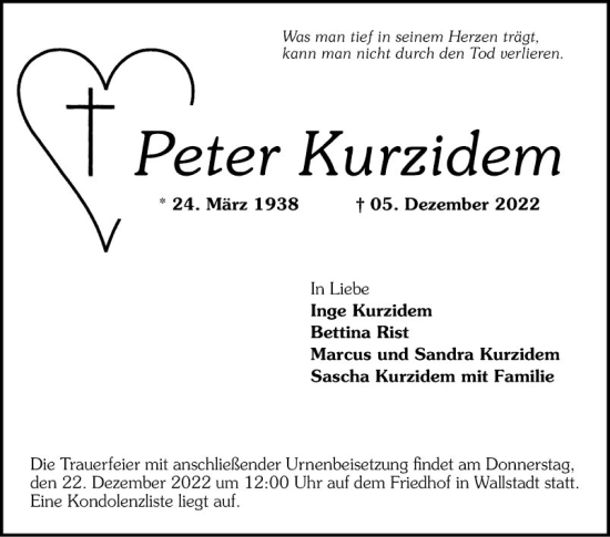 Traueranzeige von Peter Kurzidem von Mannheimer Morgen