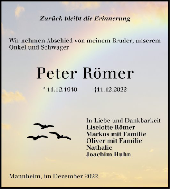 Traueranzeige von Peter Römer von Mannheimer Morgen