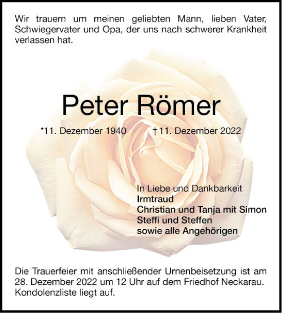 Traueranzeige von Peter Römer von Mannheimer Morgen