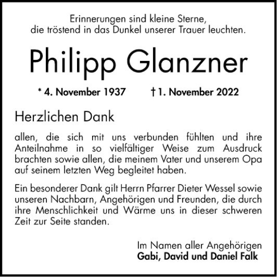 Traueranzeige von Philipp Glanzner von Bergsträßer Anzeiger