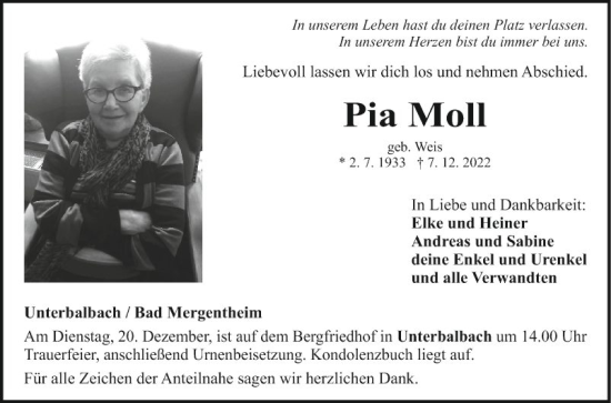 Traueranzeige von Pia Moll von Fränkische Nachrichten