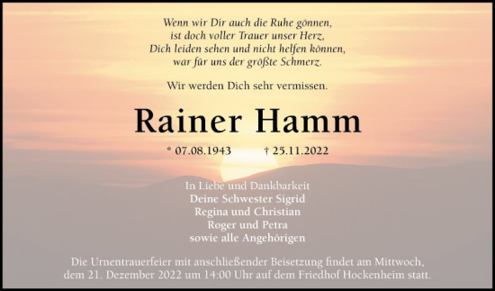 Traueranzeige von Rainer Hamm von Schwetzinger Zeitung