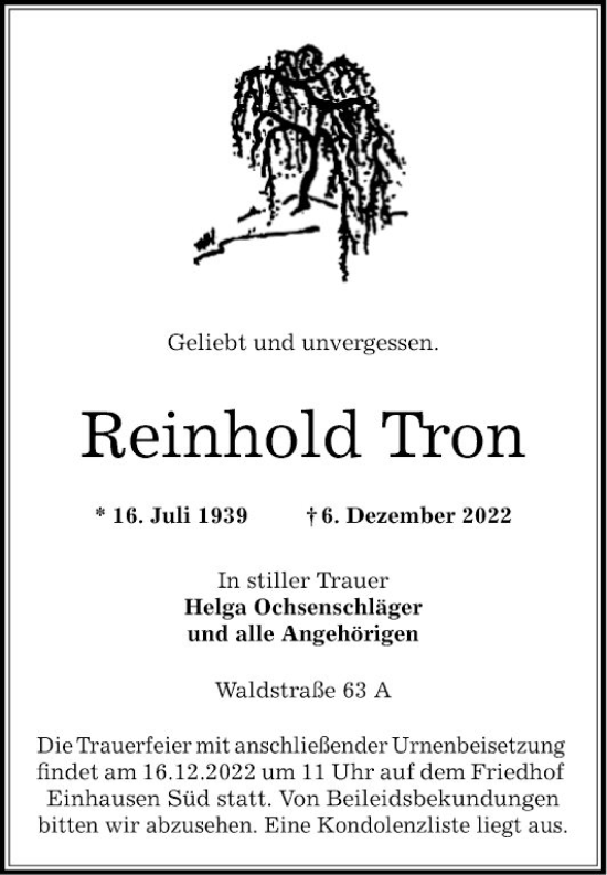 Traueranzeige von Reinhold Tron von Bergsträßer Anzeiger