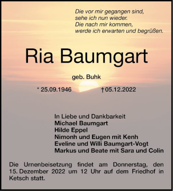 Traueranzeige von Ria Baumgart von Schwetzinger Zeitung