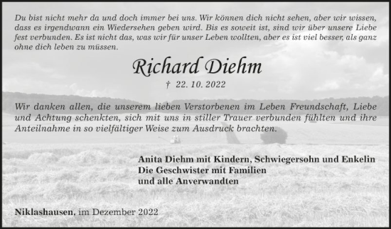 Traueranzeige von Richard Diehm von Fränkische Nachrichten