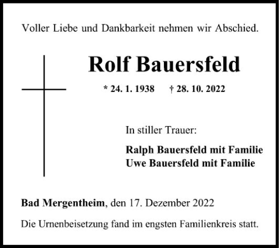 Traueranzeige von Rolf Bauersfeld von Fränkische Nachrichten