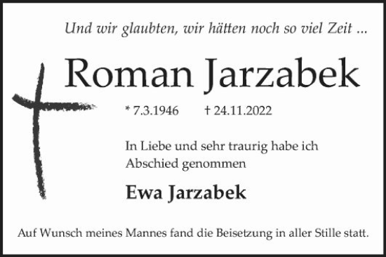 Traueranzeige von Roman Jarzabek von Mannheimer Morgen