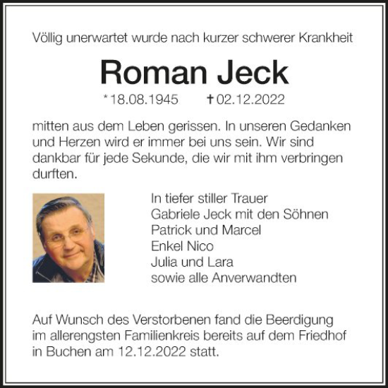 Traueranzeige von Roman Jeck von Fränkische Nachrichten