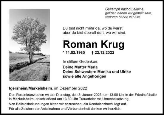 Traueranzeige von Roman Krug von Fränkische Nachrichten