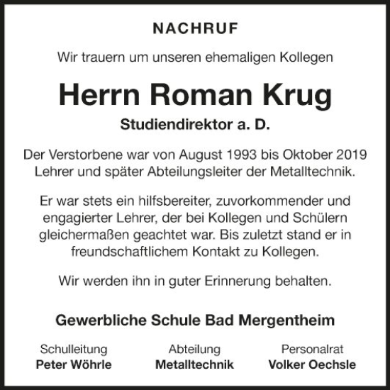 Traueranzeige von Roman Krug von Fränkische Nachrichten