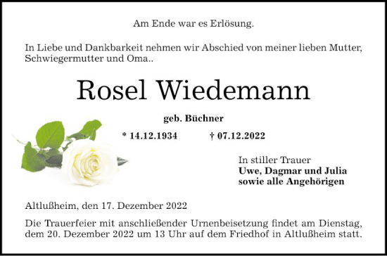 Traueranzeige von Rosel Wiedemann von Schwetzinger Zeitung