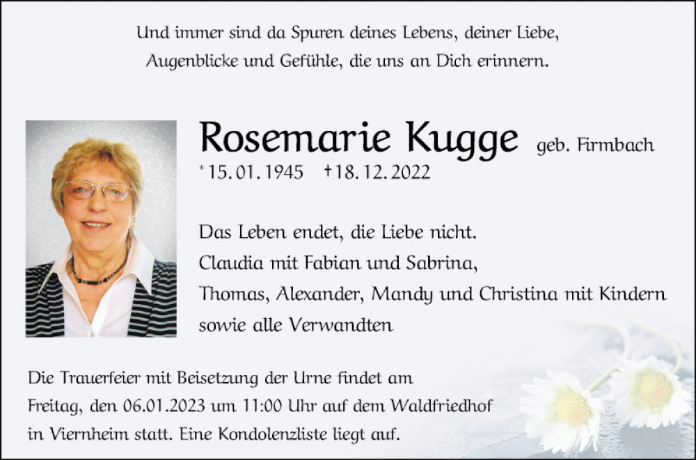  Traueranzeige für Rosemarie Kugge vom 31.12.2022 aus Mannheimer Morgen