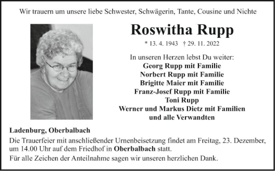 Traueranzeige von Roswitha Rupp von Fränkische Nachrichten