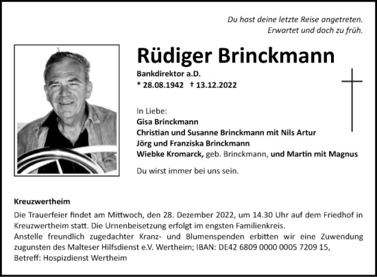 Traueranzeige von Rüdiger Brinckmann von Fränkische Nachrichten