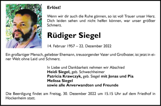 Traueranzeige von Rüdiger Siegel von Schwetzinger Zeitung