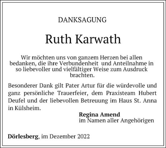 Traueranzeige von Ruth Karwath von Fränkische Nachrichten