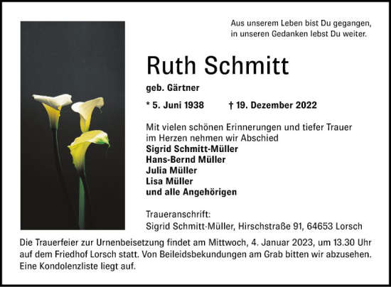 Traueranzeige von Ruth Schmitt von Bergsträßer Anzeiger