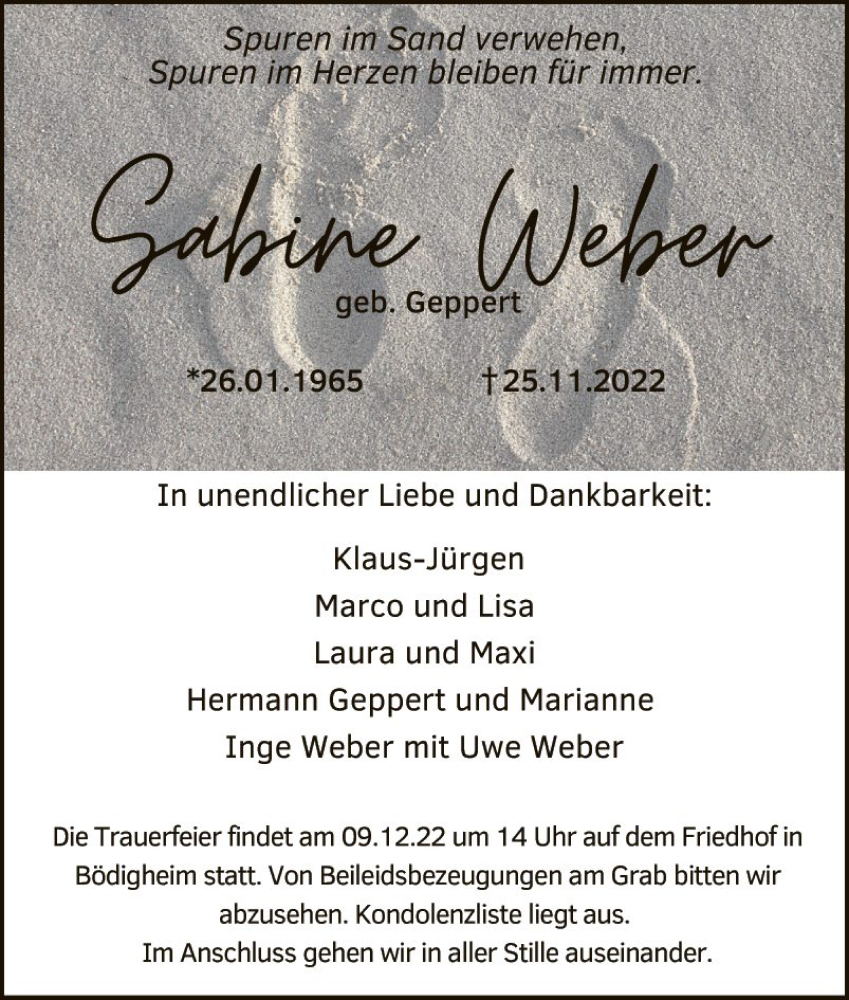  Traueranzeige für Sabine Weber vom 02.12.2022 aus Fränkische Nachrichten