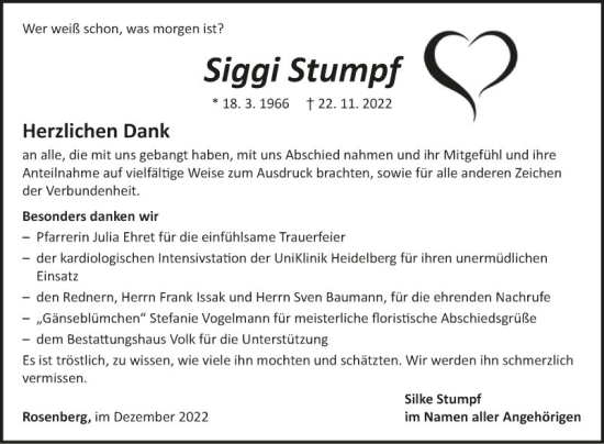 Traueranzeige von Siggi Stumpf von Fränkische Nachrichten