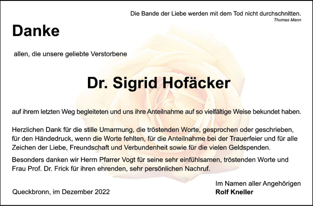  Traueranzeige für Sigrid Hofäcker vom 21.12.2022 aus Fränkische Nachrichten