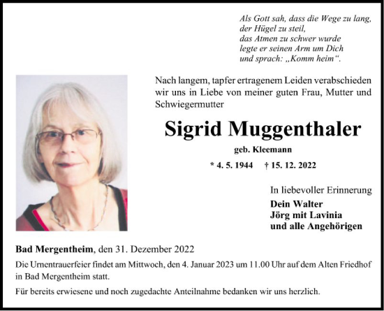 Traueranzeige von Sigrid Muggenthaler von Fränkische Nachrichten