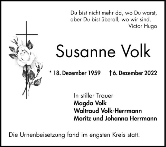 Traueranzeigen Von Susanne Volk Trauerportal Ihrer Tageszeitung