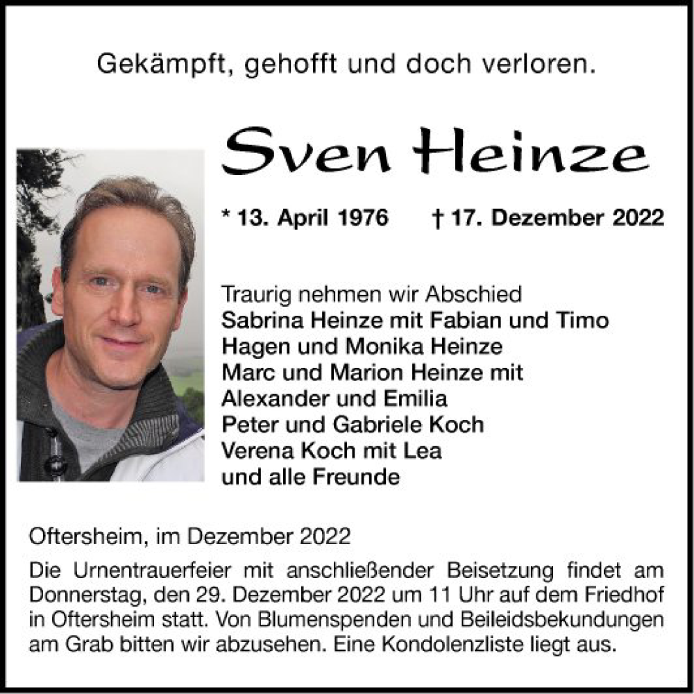  Traueranzeige für Sven Heinze vom 24.12.2022 aus Mannheimer Morgen