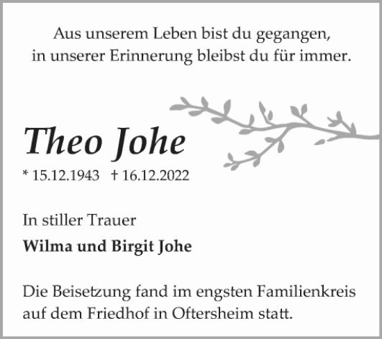 Traueranzeige von Theo Johe von Schwetzinger Zeitung