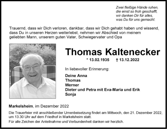 Traueranzeige von Thomas Kaltenecker von Fränkische Nachrichten