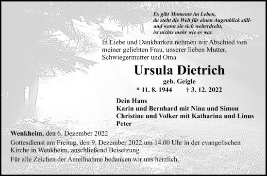 Traueranzeige von Ursula Dietrich von Fränkische Nachrichten